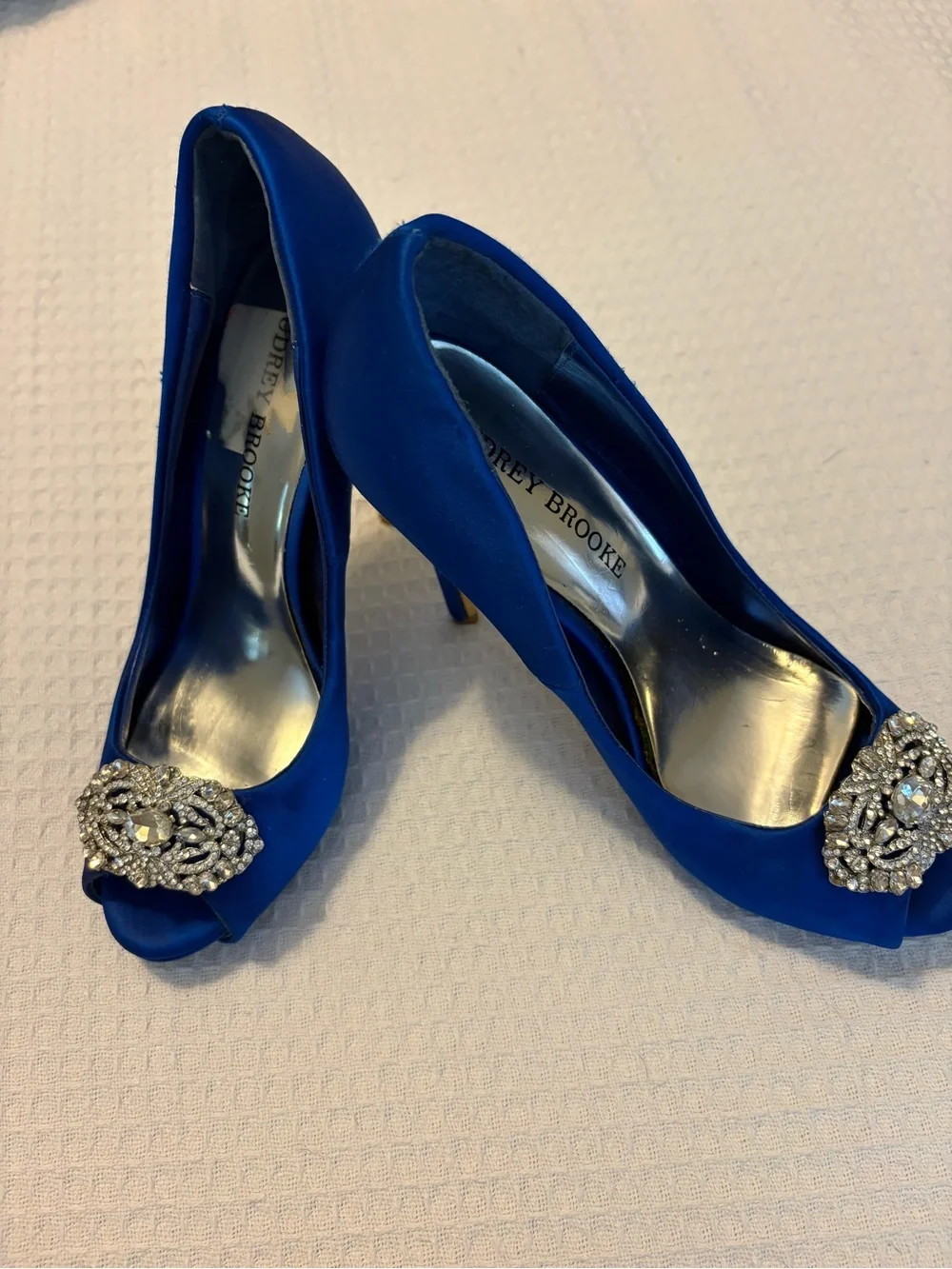 Audrey Brooke Cobalt Blue Satin Peep-Toe Heels with Crystal Embellishment